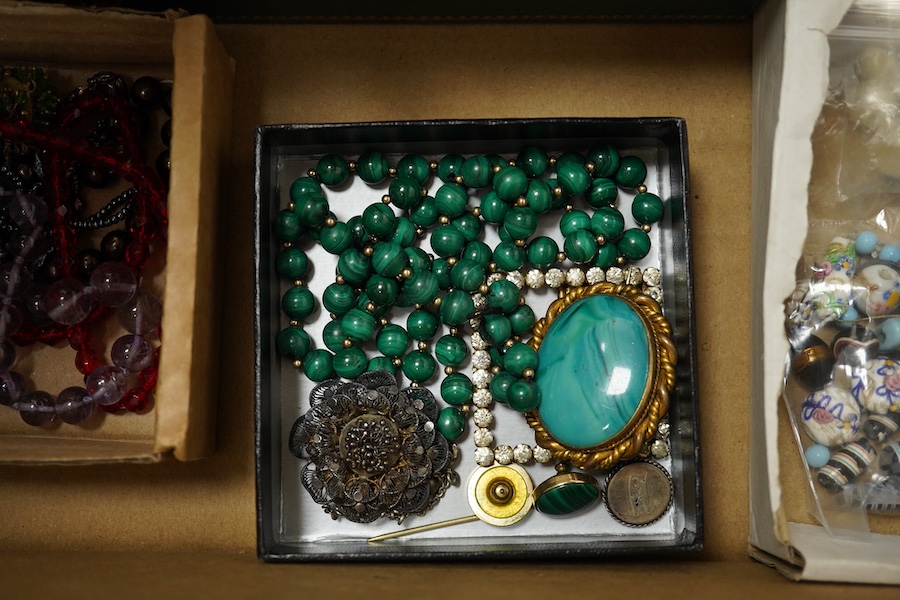 A quantity of assorted costume and and other jewellery including amethyst beads, malachite beads, tiger's eye quartz pendant, unmounted shell cameos, etc. Condition - poor to fair to good
